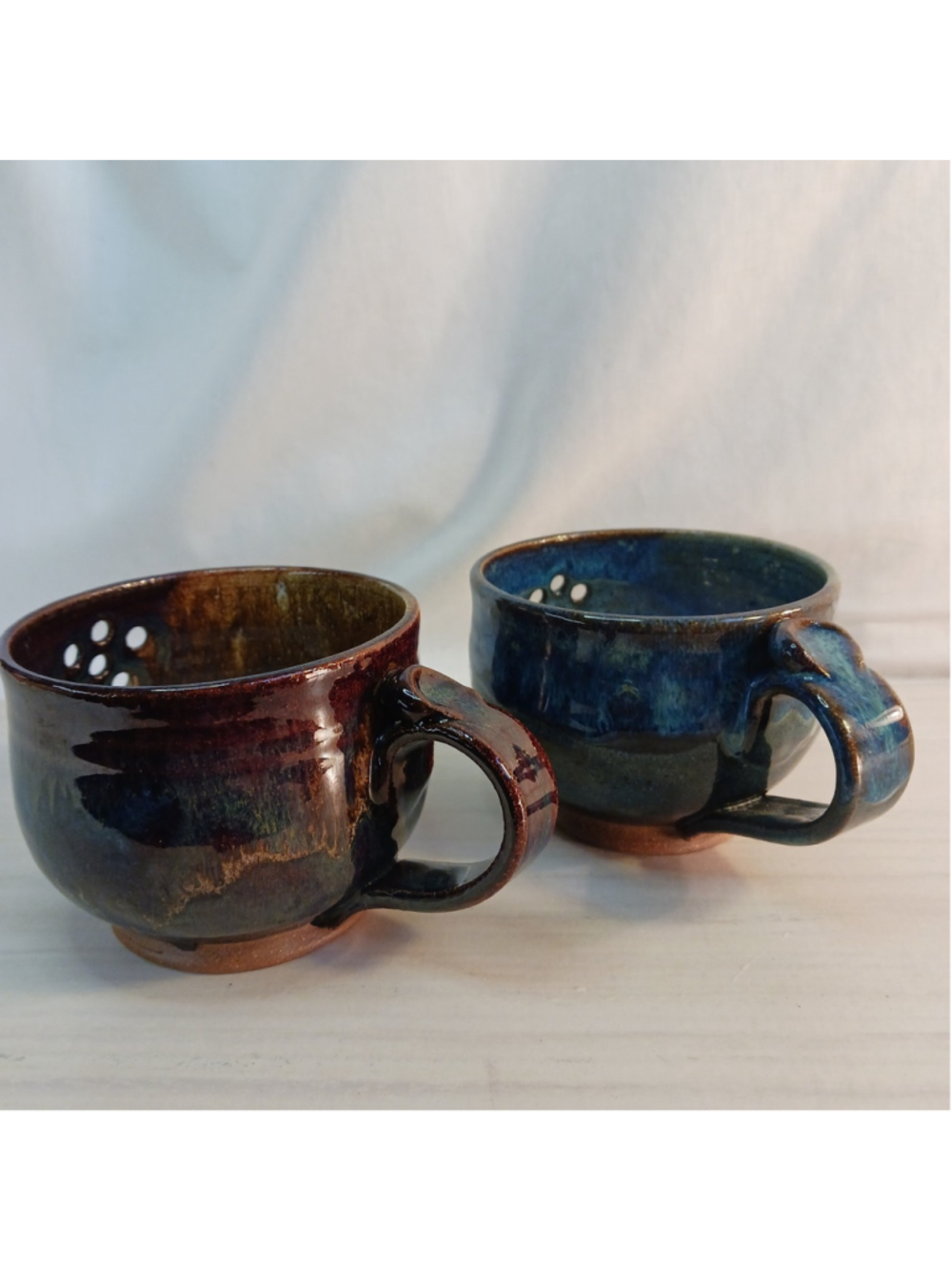 2 Art Pottery Berry Bowl Mug Strainer Handmade Stoneware Signed Blue, Brown
